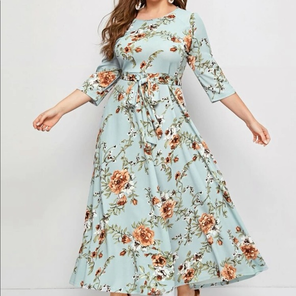 Boho mint floral print belted maxi dress - Picture 1 of 11